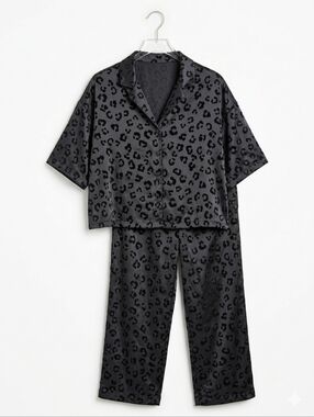 Tamara H Leopard Print Satin Pajama Set Small Black Silky Loungewear 2pc